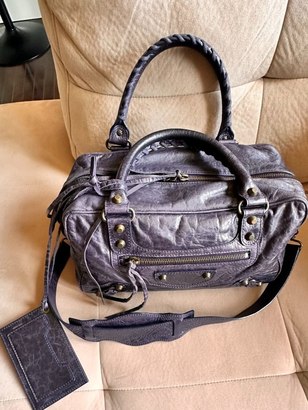 Authentic Ink Blue Balenciaga Motorcycle Box Chevre Leather Handbag With Tassels